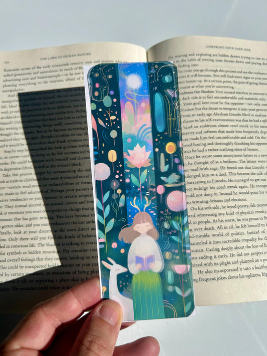 Antlered Girl Reading Bookmark – Dreamy Floral Fantasy Art with Mystical Deer & Glowing Flowers, Peaceful Gift for Book Lovers