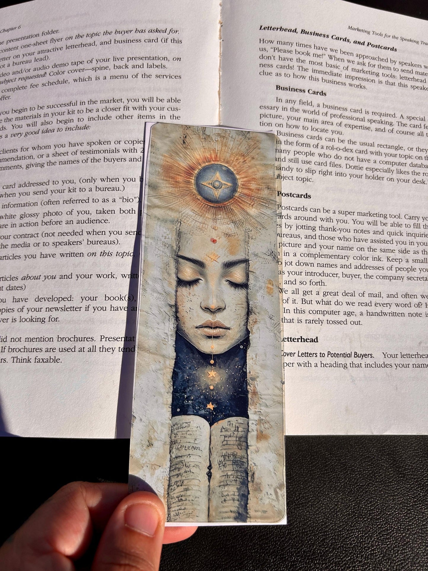 Sacred Bookmark – Mystical Golden Star Design, Celestial Meditative Woman with Spiritual Energy & Ancient Book Elements