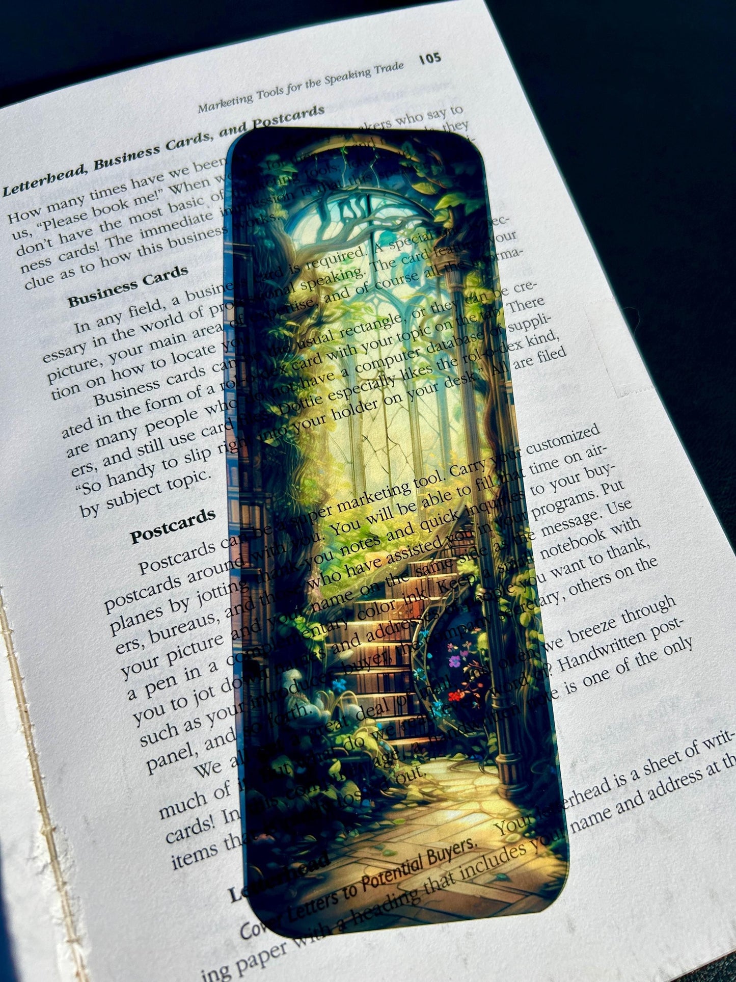 Library Staircase Bookmark – Golden Stained Glass, Ivy-Covered Steps, and Sunlit Gothic Window for Dreamy Readers