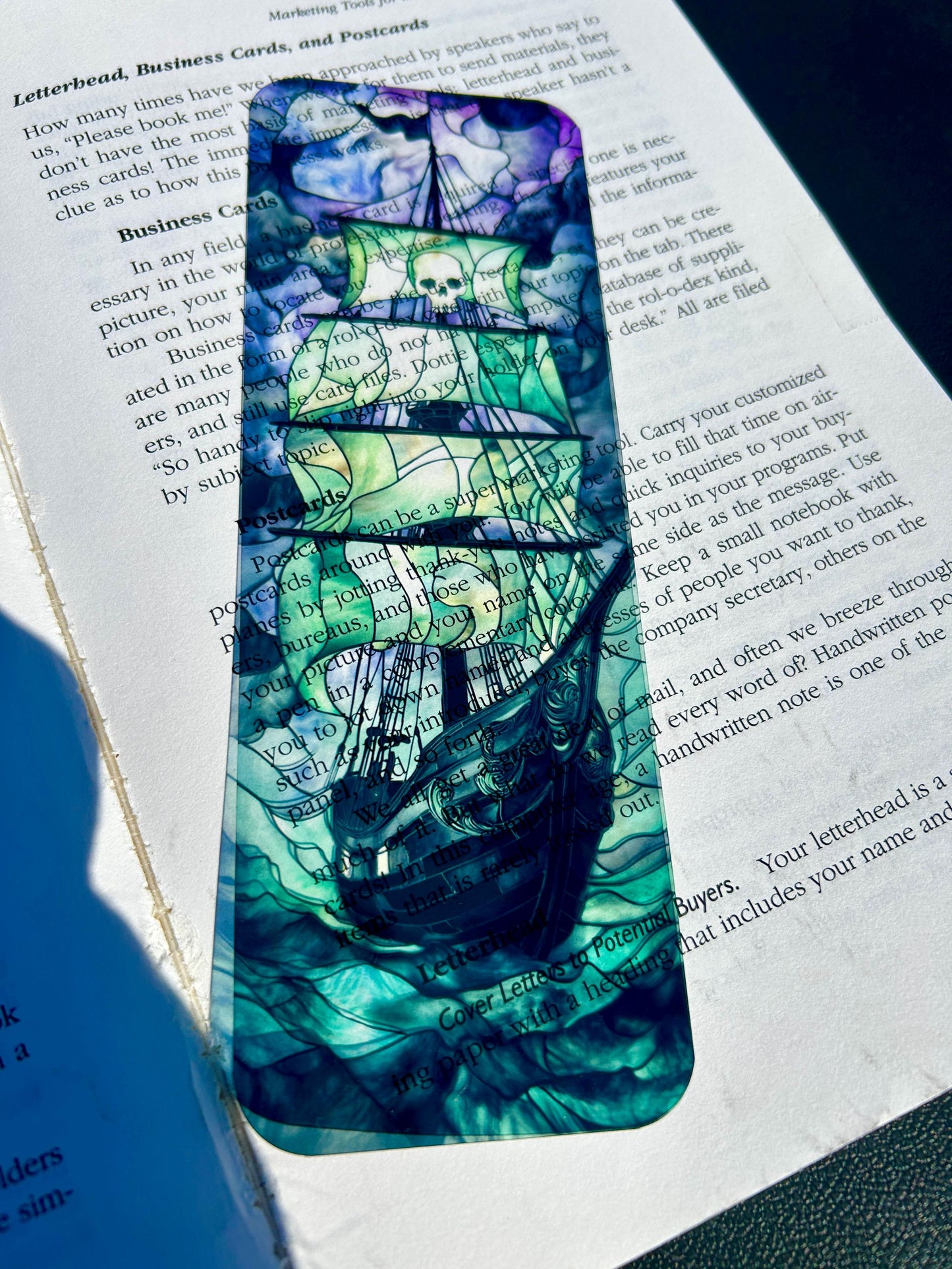 Ghost Pirate Ship Bookmark – Black Pearl Ship - Gothic Stained Glass Art, Spooky Nautical Skull Design, Fantasy Gift for Readers