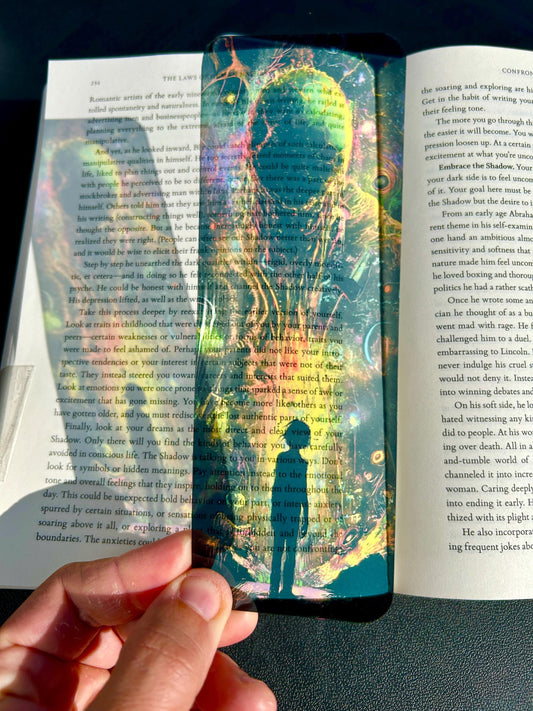 Blacklight Space Art Bookmark – Neon Cosmic Alien & Silhouette Scene, Trippy Galaxy Bookmark for Sci-Fi, Fantasy, and Dreamscape Lovers
