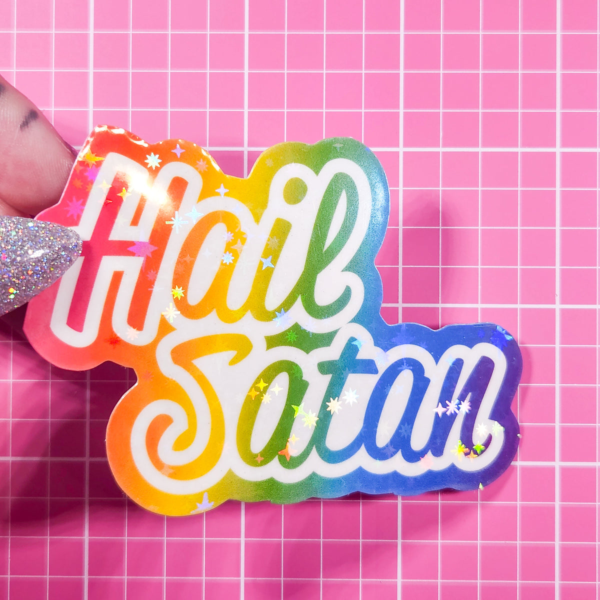 Hail Satan - Rainbow Holographic Sticker, 3 x 2.25 in.