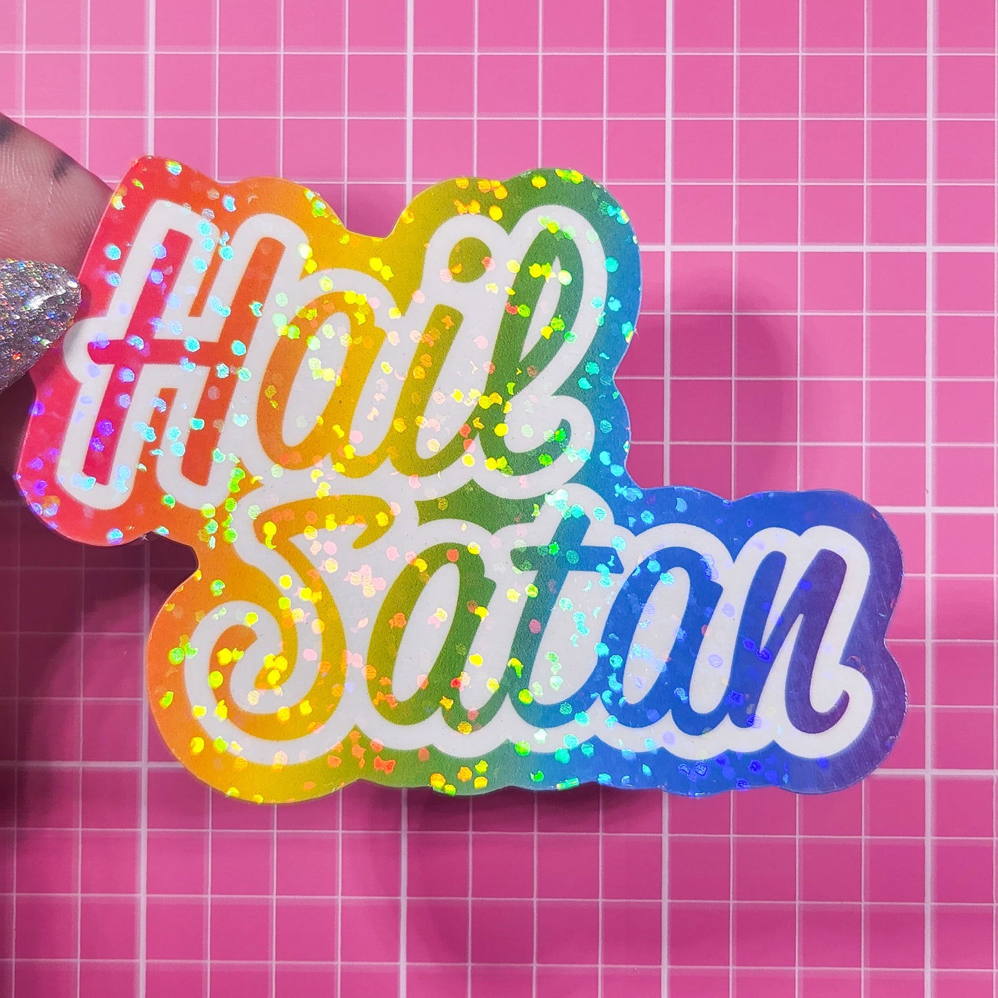 Hail Satan - Rainbow Holographic Sticker, 3 x 2.25 in.