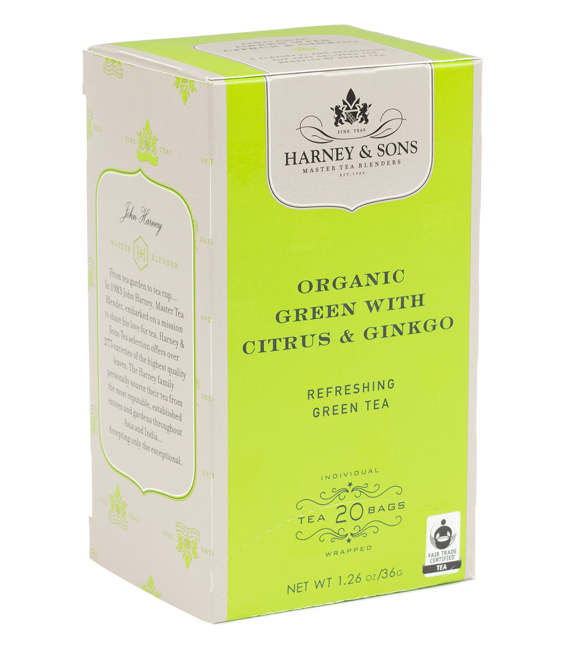 Té verde orgánico con cítricos y ginkgo, caja de 20 bolsitas premium
