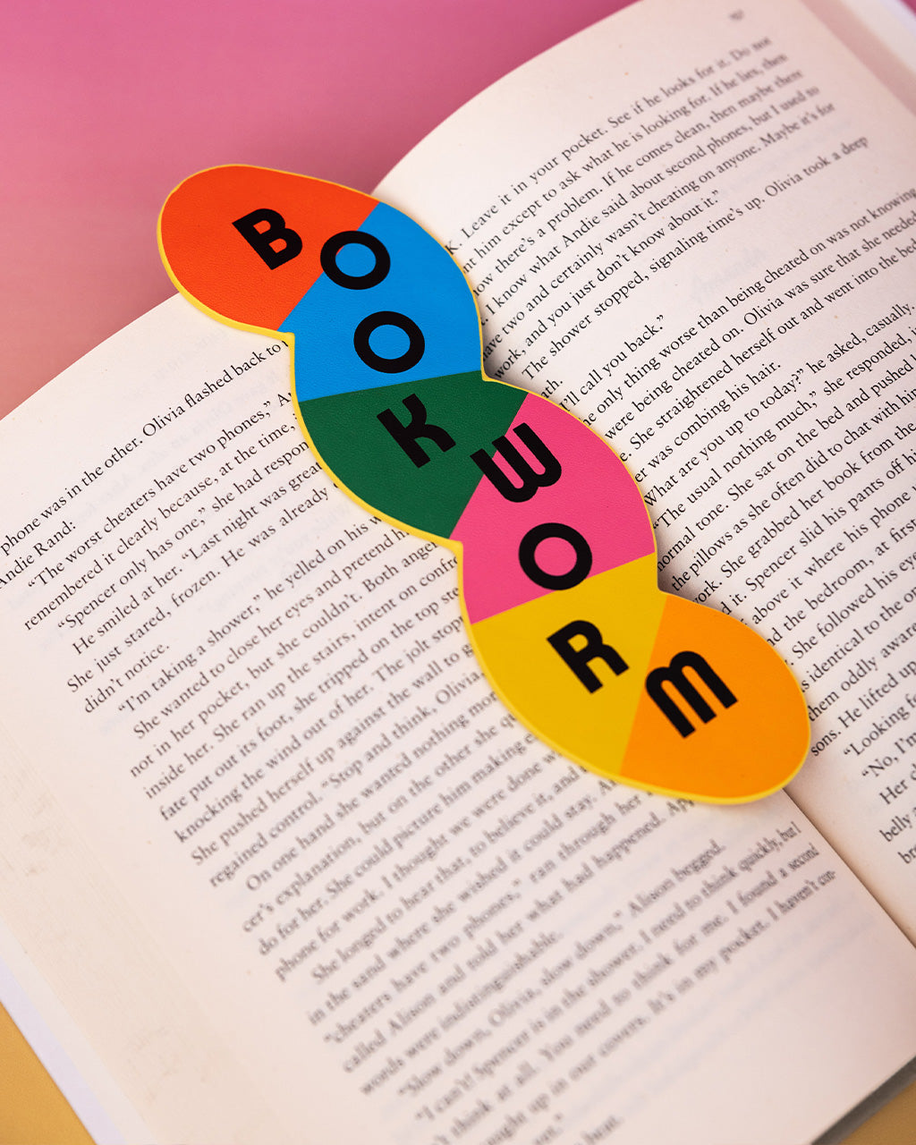 colorful worm bookmark with 'bookmark' down the front in a book