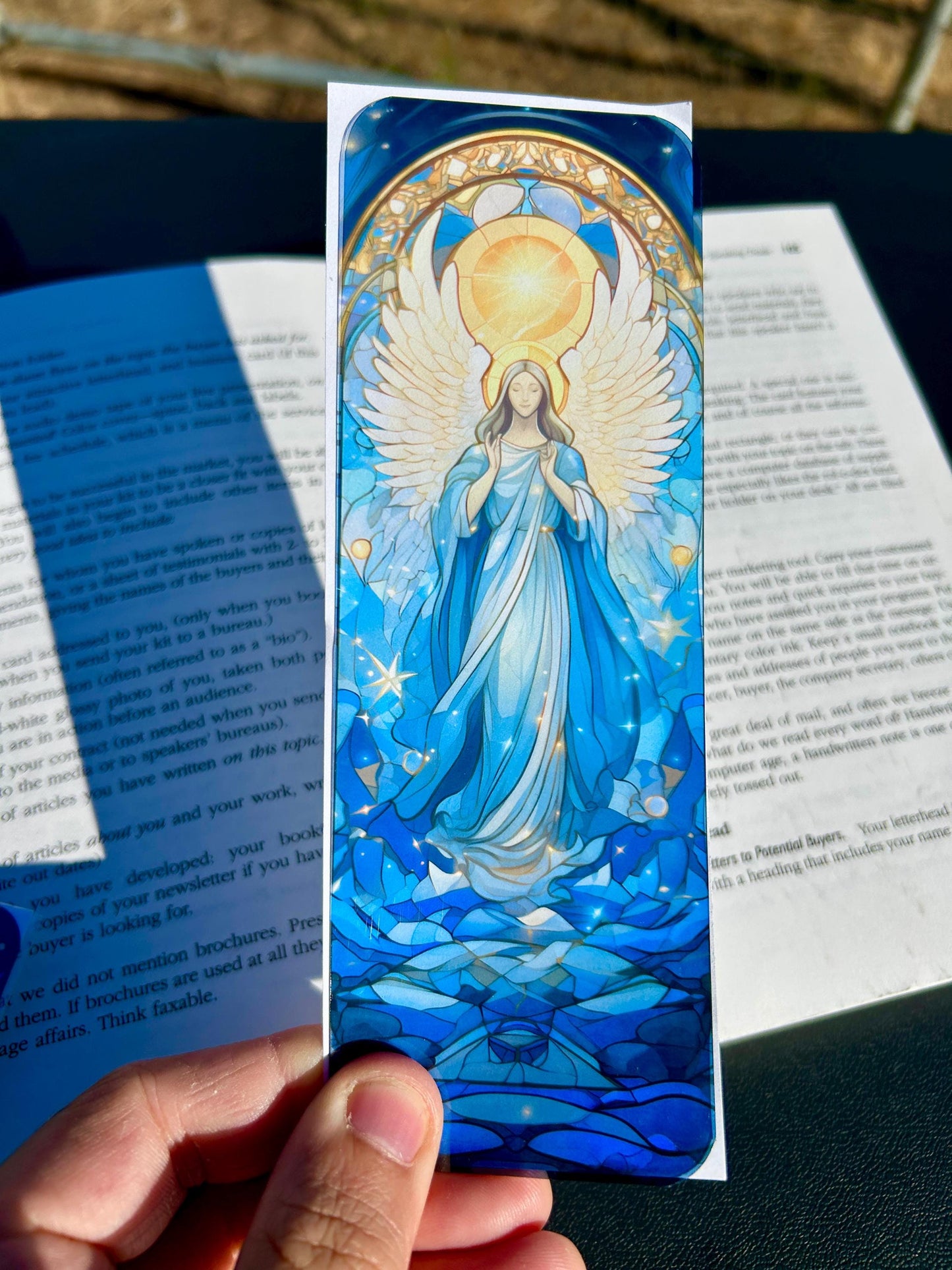 Heavenly Angel Bookmark – Stained Glass Blue and Gold Cathedral Art with Wings and Halo, Peaceful Spiritual Gift