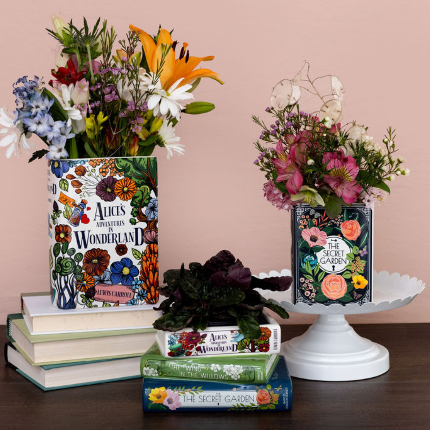 Stacked Books Planter, Whimsical Classics, Alice/Wind in the Willows/The Secret Garden