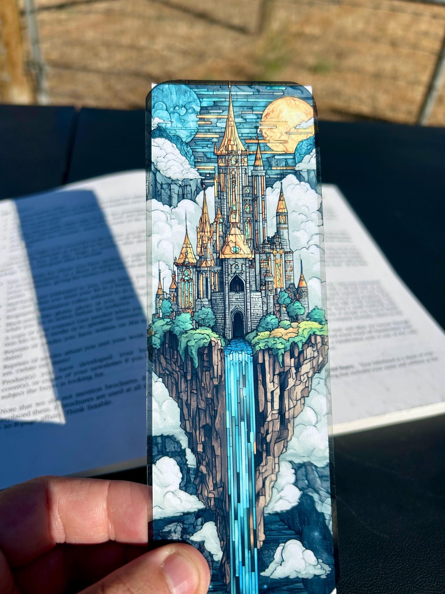 Floating Island Castle Bookmark in Dark Stained Glass Style – Gothic Fantasy Art for Myth Lovers, Fantasy Readers, and Dreamscape Collectors