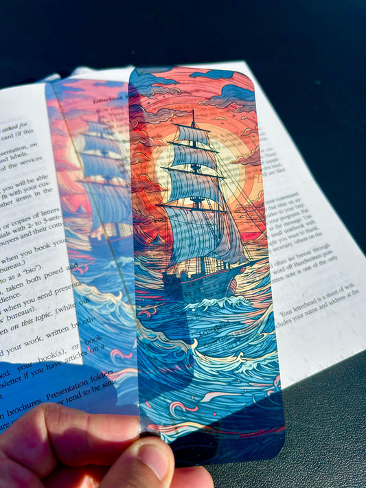 Crimson Sky Ship Bookmark | Nautical Ocean Fantasy Bookmarks for Readers | Sunset Sea Book Marker | Bold Adventure Gift Idea for Book Lovers
