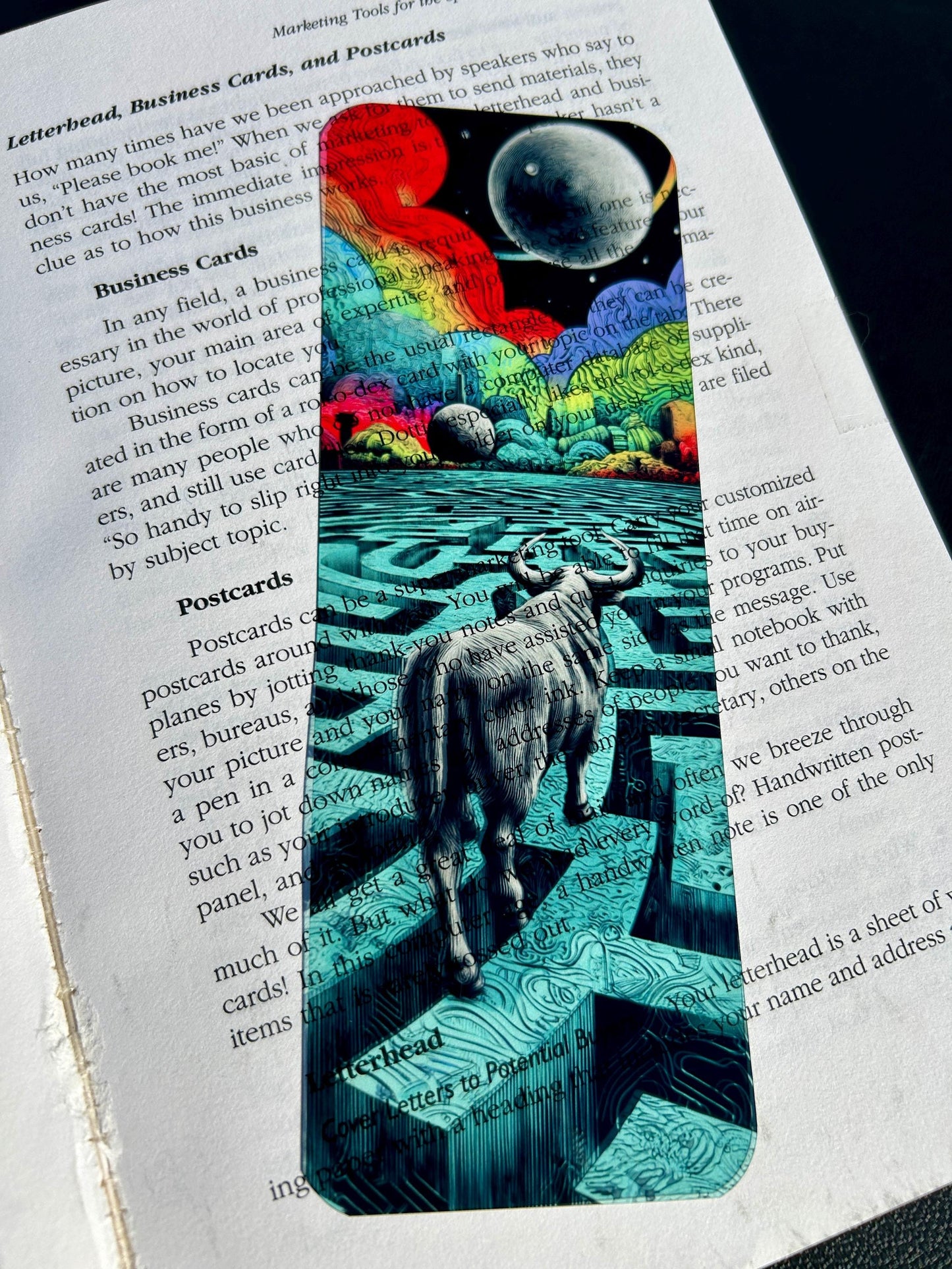 Minotaur Bookmark – Surreal Labyrinth Art with Rainbow Planets | Myth-Inspired Gift for Readers