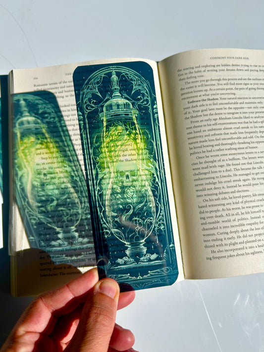 Gothic Poison Bottle Bookmark – Eerie Skull in Glass with Vines | Dark Green Potion Bookmark for Horror & Fantasy Lovers