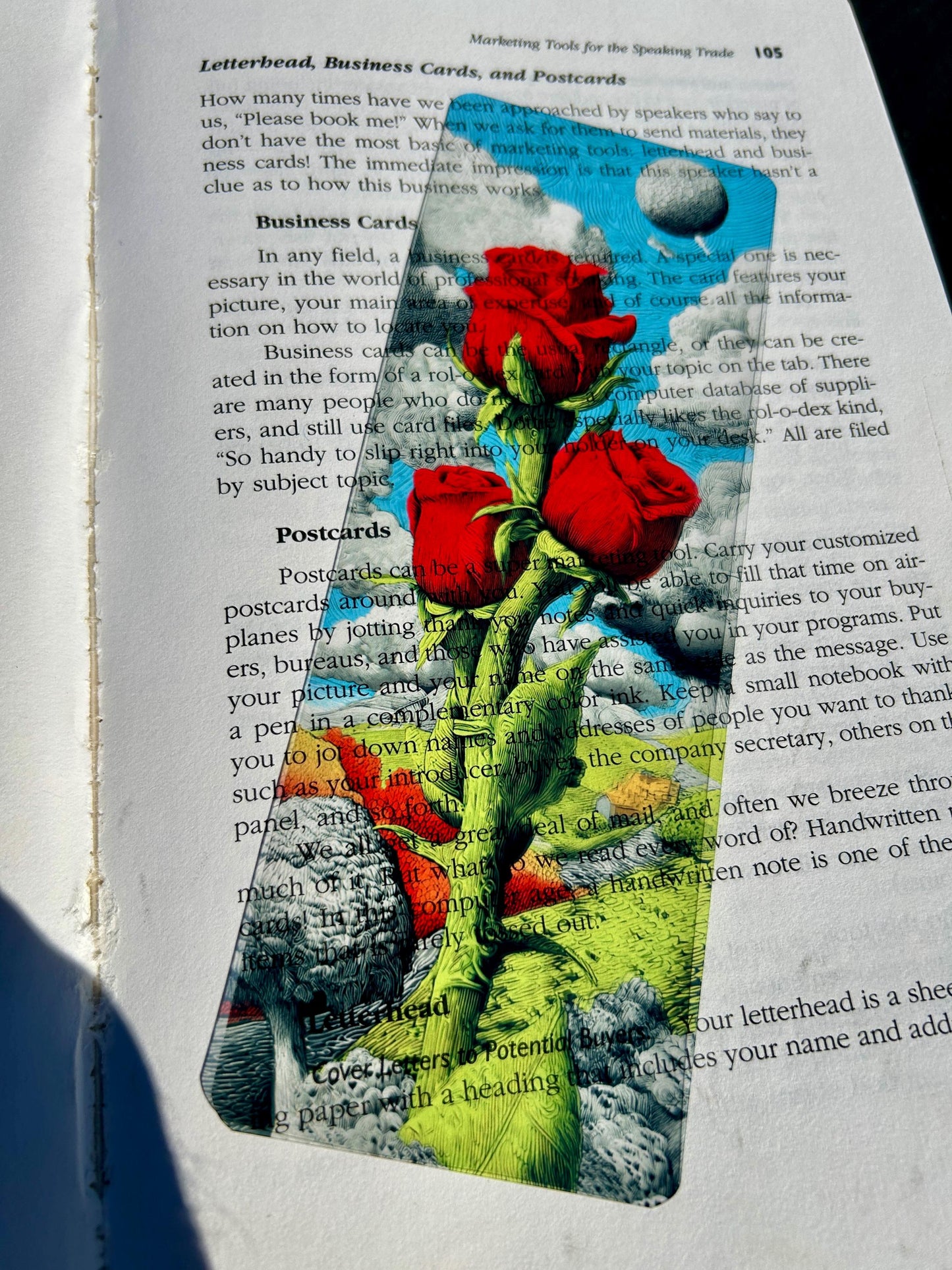 Psychedelic Rose Bookmark – Hades-Inspired Cosmic Roses Growing into the Clouds, Mythical Landscape Bookmark Art