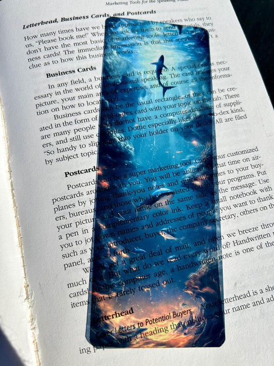 Bioluminescent ocean bookmark with glowing sea creatures | deep underwater fantasy with whales and lava reef