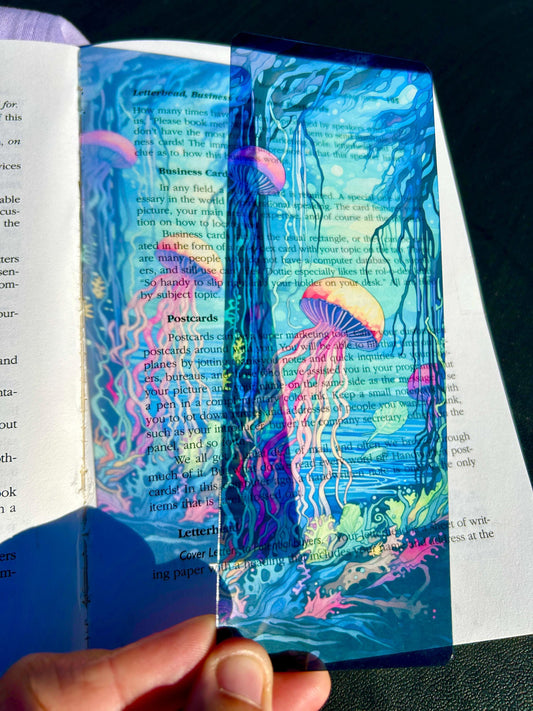 Jellyfish Under Moonlight Bookmark – Stained Glass Ocean Art, Vibrant Fantasy Sea Life Gift for Book Lovers