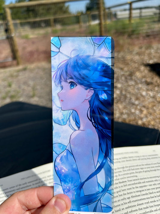 Anime Girl Bookmark – Soft Pastel Blue Fantasy Art for Shoujo & Manga Lovers