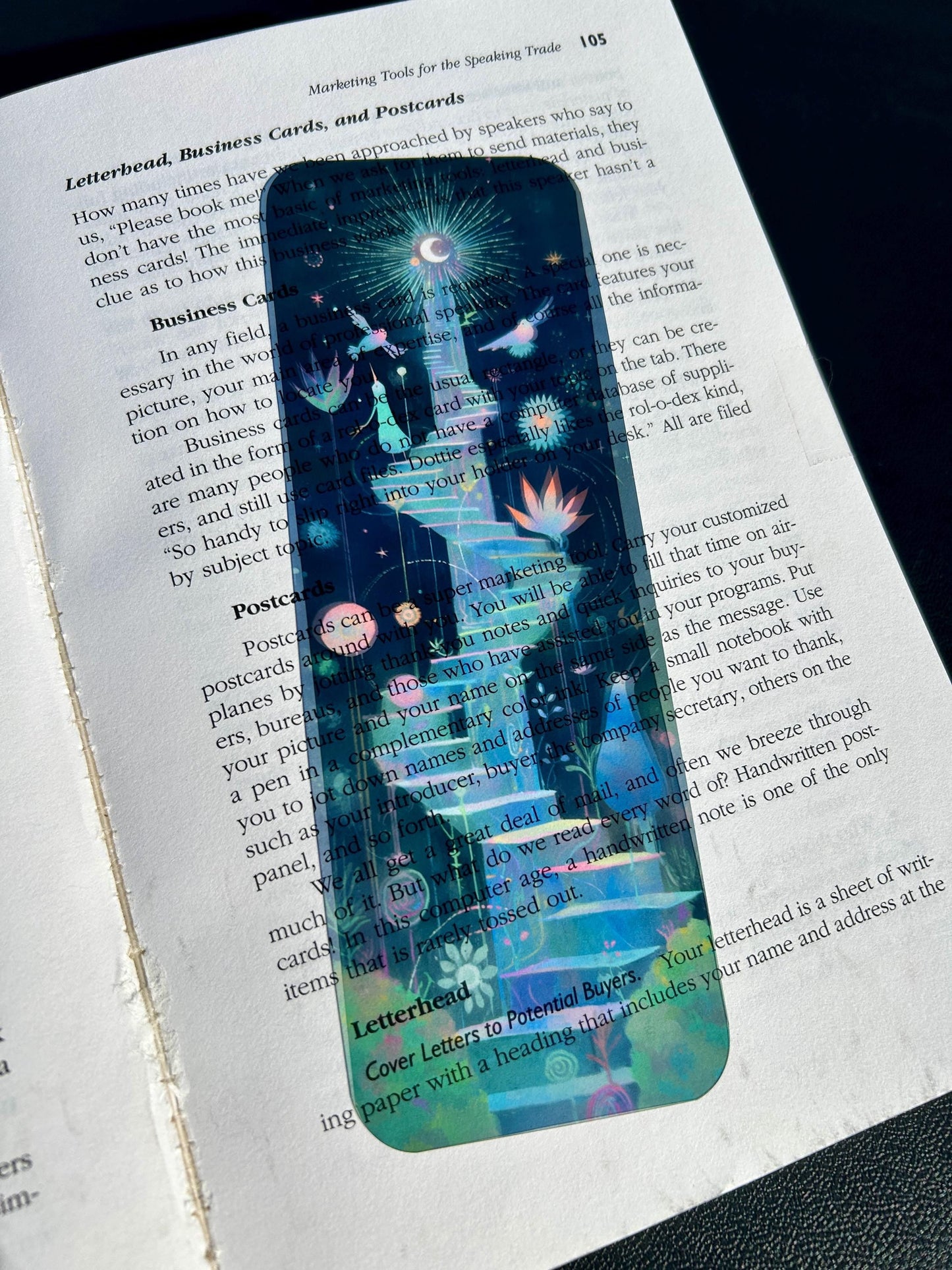 Lunar Night Sky Bookmark – Surreal Staircase with Birds, Cosmic Flowers, and Glowing Lunar Night Sky Bookmark Art