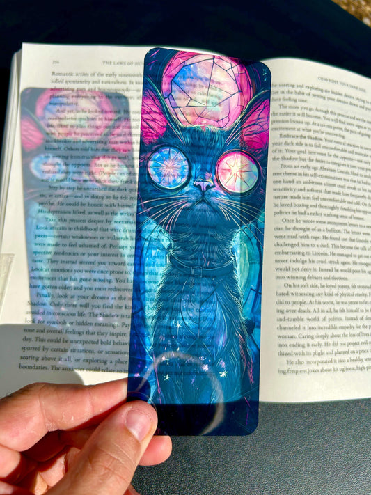 Psychedelic Cat Bookmark – Neon Cosmic Feline with Starry Glasses, Trippy Space Cat Gift for Readers, Cosmic Book Lovers