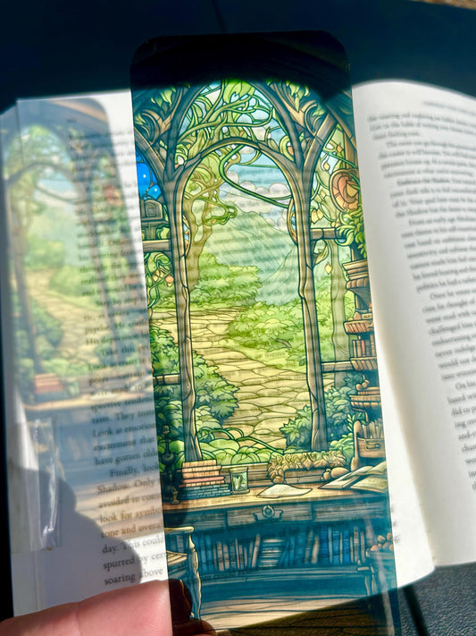 Cozy Hobbit Hole Library Bookmark with Warm Wood Interior and Green Accents – Fantasy Cottagecore Art for Book Lovers and Homebody Dreamers