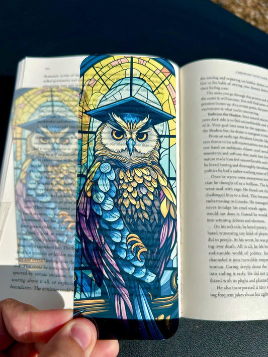 Graduation Owl Bookmark – Stained Glass Style Owl in Cap | Academic Gift Bookmark for Book Lovers & Graduates