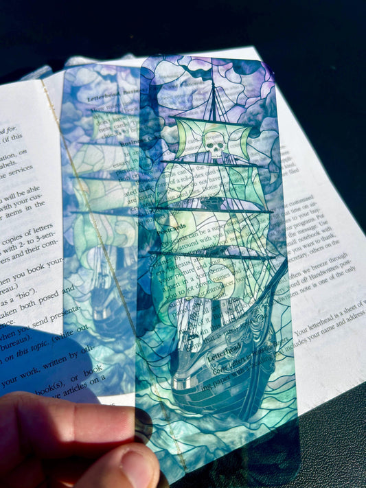 Ghost Pirate Ship Bookmark – Black Pearl Ship - Gothic Stained Glass Art, Spooky Nautical Skull Design, Fantasy Gift for Readers