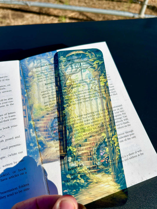 Library Staircase Bookmark – Golden Stained Glass, Ivy-Covered Steps, and Sunlit Gothic Window for Dreamy Readers