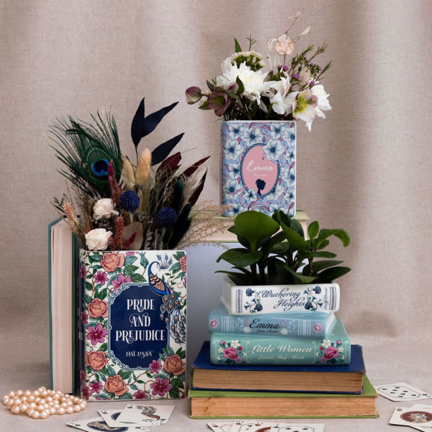 Stacked Books Planter, Pastel Classics, Wuthering Heights/Emma/Little Women