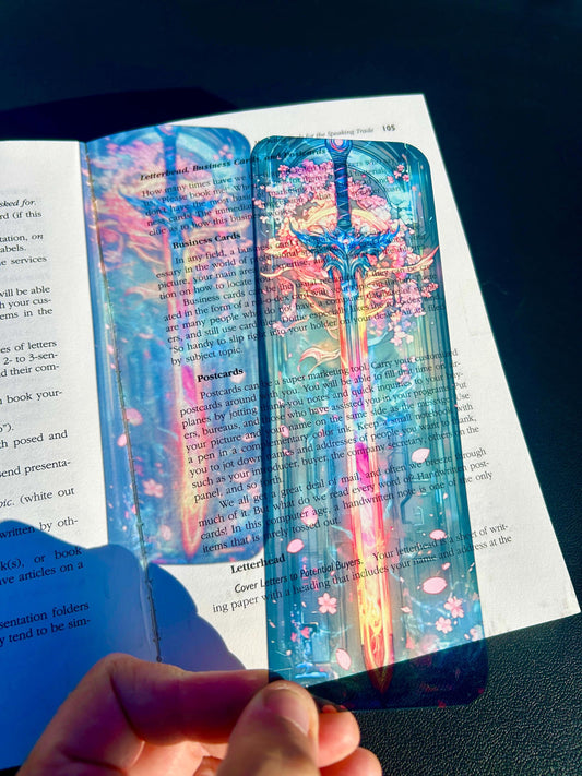 Glowing Anime Sword Bookmark with Dynamic Stained Glass Design – Futuristic Fantasy Art for Anime Fans, Readers, and Sci-Fi Fantasy Lovers