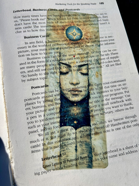 Sacred Bookmark – Mystical Golden Star Design, Celestial Meditative Woman with Spiritual Energy & Ancient Book Elements