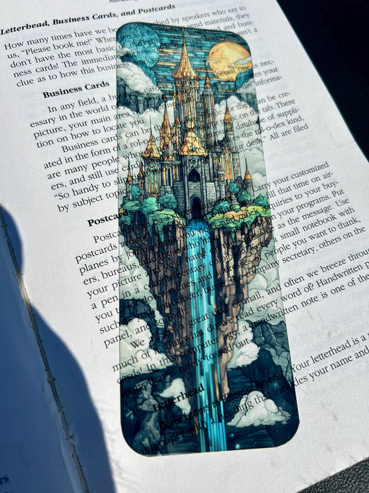 Floating Island Castle Bookmark in Dark Stained Glass Style – Gothic Fantasy Art for Myth Lovers, Fantasy Readers, and Dreamscape Collectors