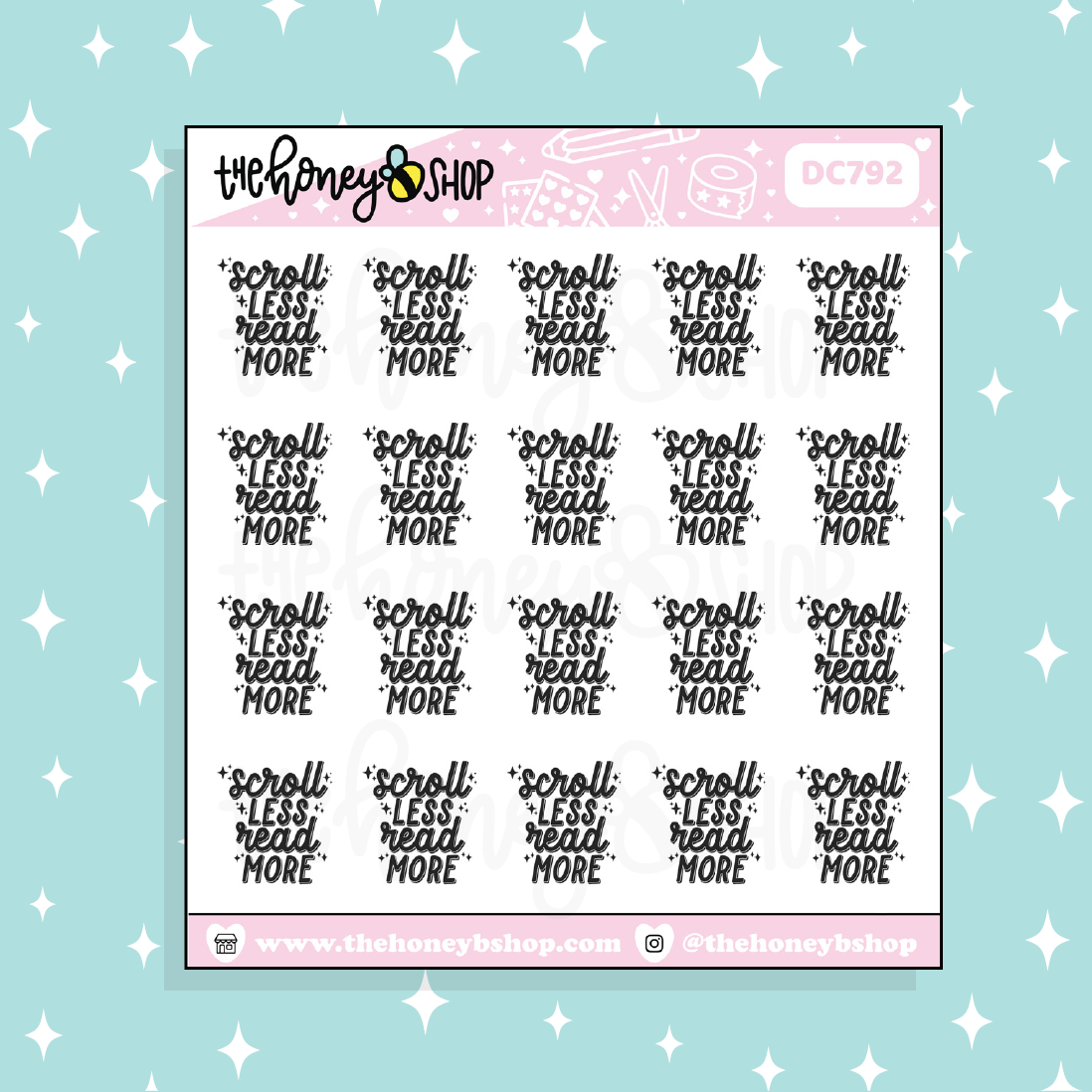 Scroll Less, Read More Lettering Doodle Sticker