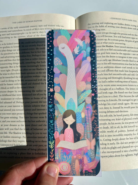Goose Girl Reading Bookmark – Peaceful Fantasy Forest Art with Giant Goose & Dream Birds, Magical Pastel Gift for Book Lovers