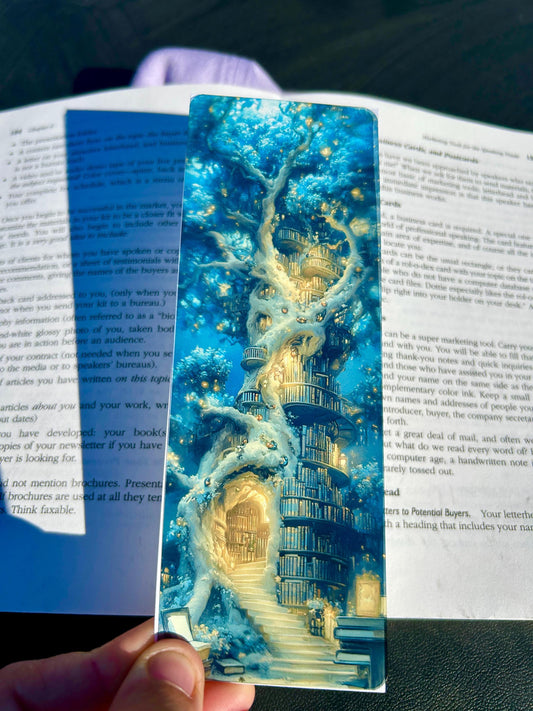 Secret Tree Library Bookmark – Glowing Staircase & Towering Shelves in a Magical Tree, Fantasy Bookmark for Dreamy Readers