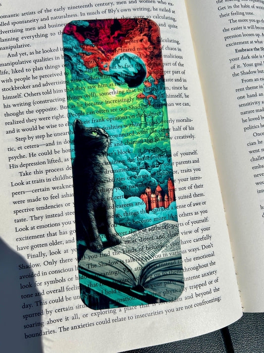 Pharaoh’s Cat Bookmark – Surreal Cosmic Cat Watching the Sky | Trippy Sci-Fi Cloudscape Bookmark for Writers and Dreamers