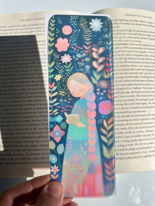 Pastel Girl with Heart Braid & Flowers, Vibrant Pastel Bookmark