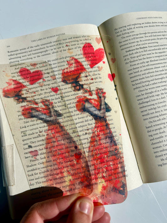 Queen of Hearts bookmark in red impressionist style, romantic fantasy art print with heart motifs and vintage royal vibes