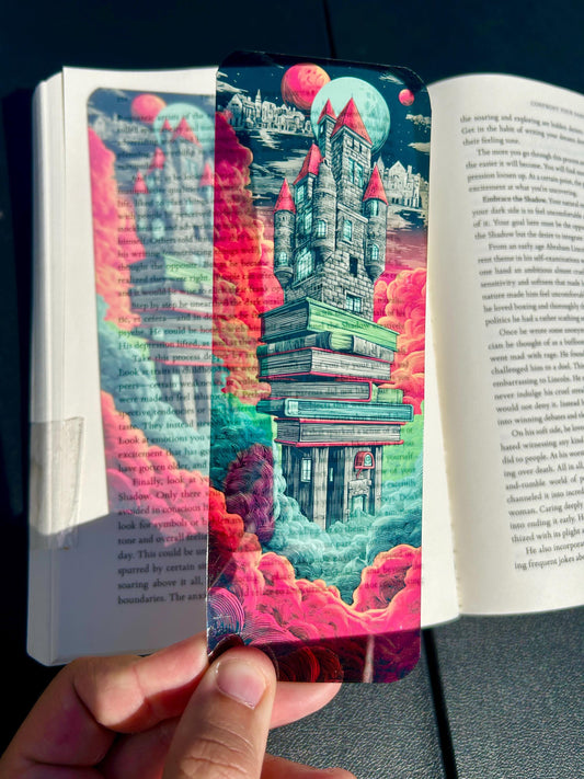 Surreal Book Castle Bookmark with Glowing Windows and Neon Cosmic Sky – Sci-Fi Fantasy Art for Readers