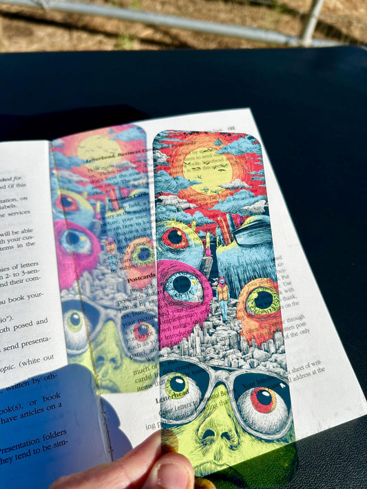Fear and Loathing Bookmark, Surreal Fantasy Art, Giant Eyes, Sunglasses, Cosmic Skyline, Trippy Book Gift