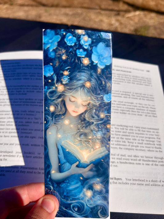 Magical Girl Reading Bookmark in Firefly Forest | Blue Roses | Enchanted Woodland Art | Whimsical | Fairy Tale