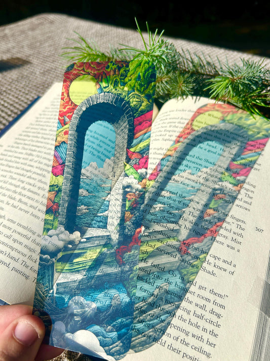 Fantasy Arch Window Transparent Bookmark for Book Lovers – Vibrant Double-Sided Book Art with Nature Landscape & Ocean View Scene
