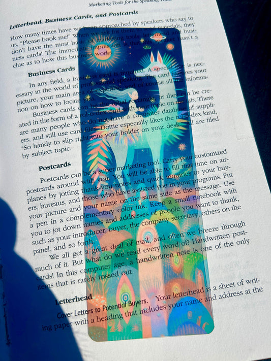 Elf Girl Riding Cosmic Creature - Fantasy Bookmark – | Surreal Dream Art Bookmark | Magical Galaxy Gift for Book Lovers