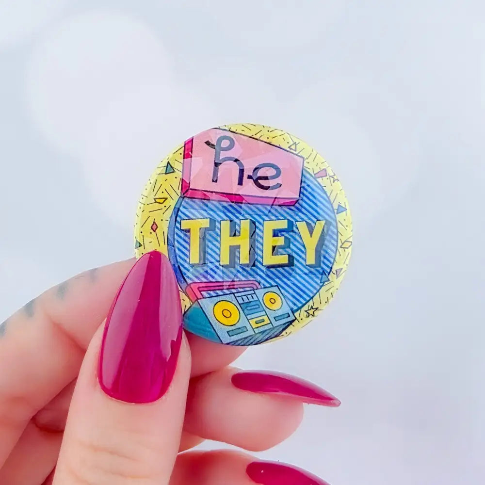90s Pronouns Button He/they / Small (1.5’’) Pins and Magnets