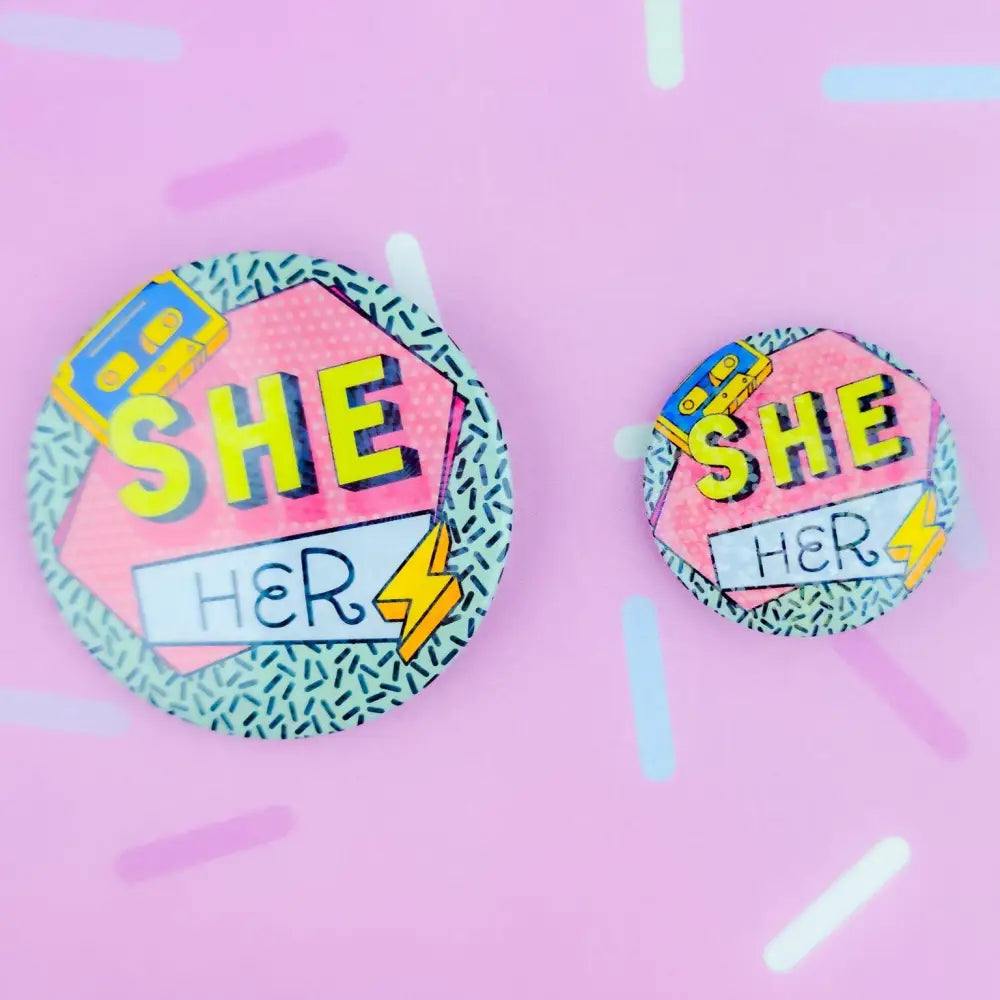 90s Pronouns Button Pins and Magnets