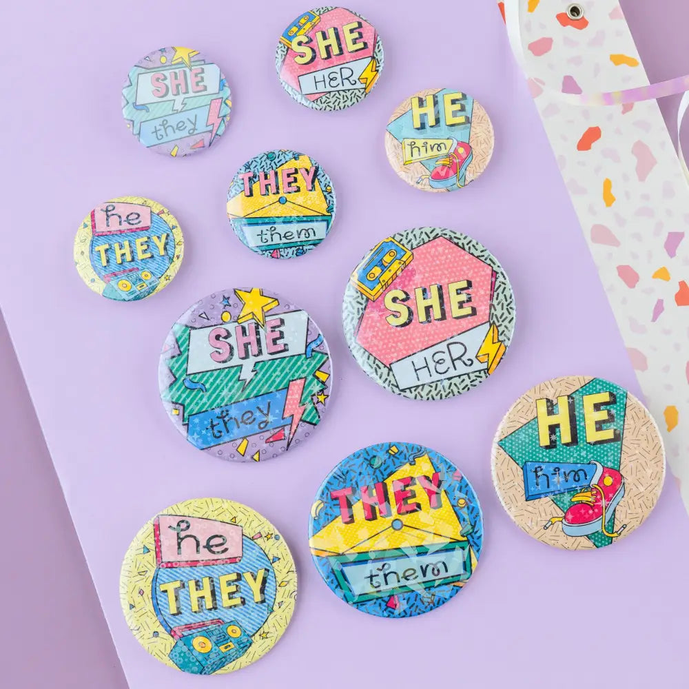 90s Pronouns Button Pins and Magnets