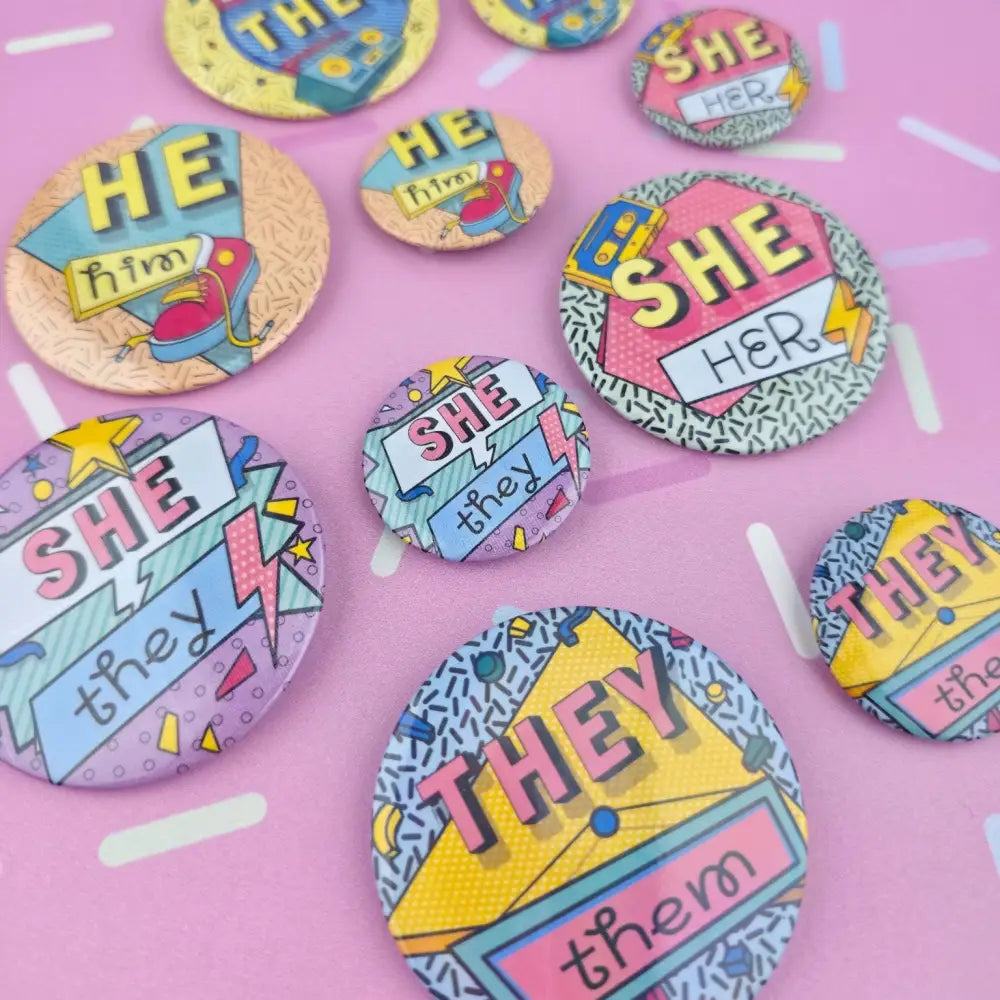 90s Pronouns Button Pins and Magnets