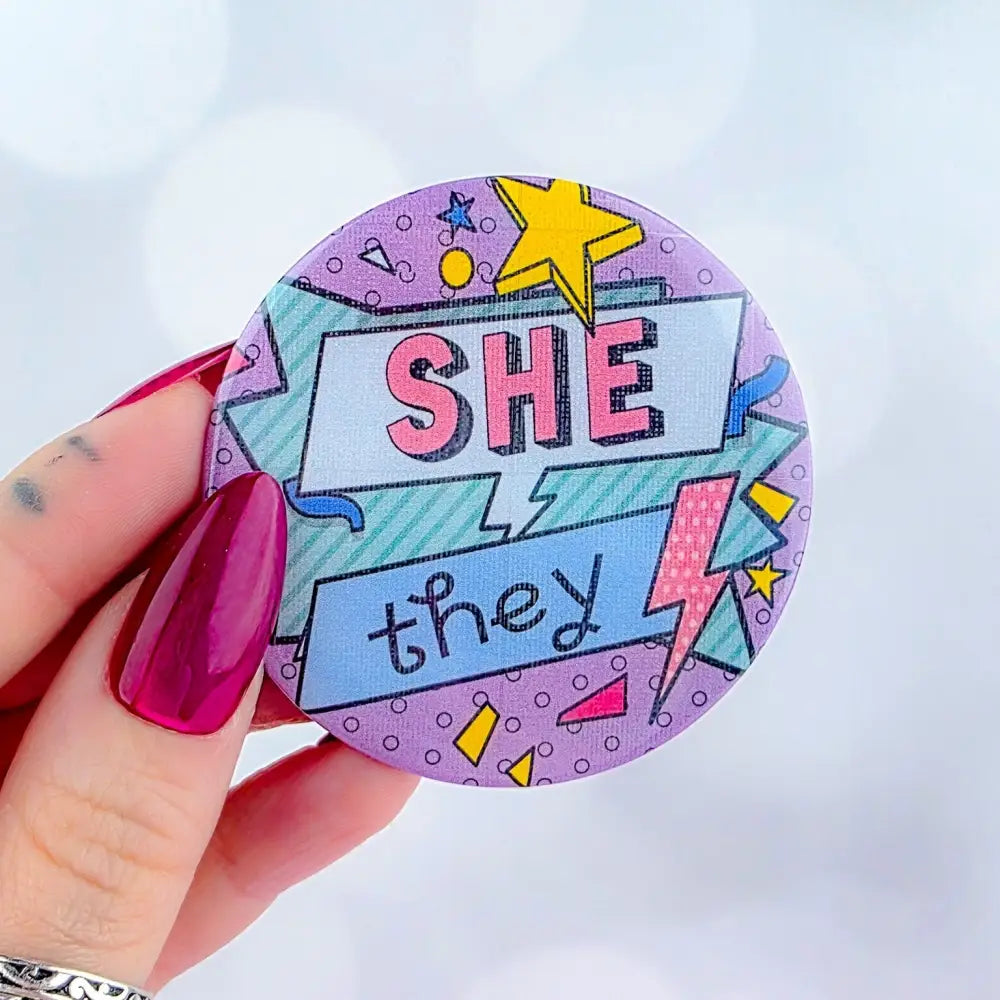 90s Pronouns Button She/they / Large (2.25’’) Pins and Magnets