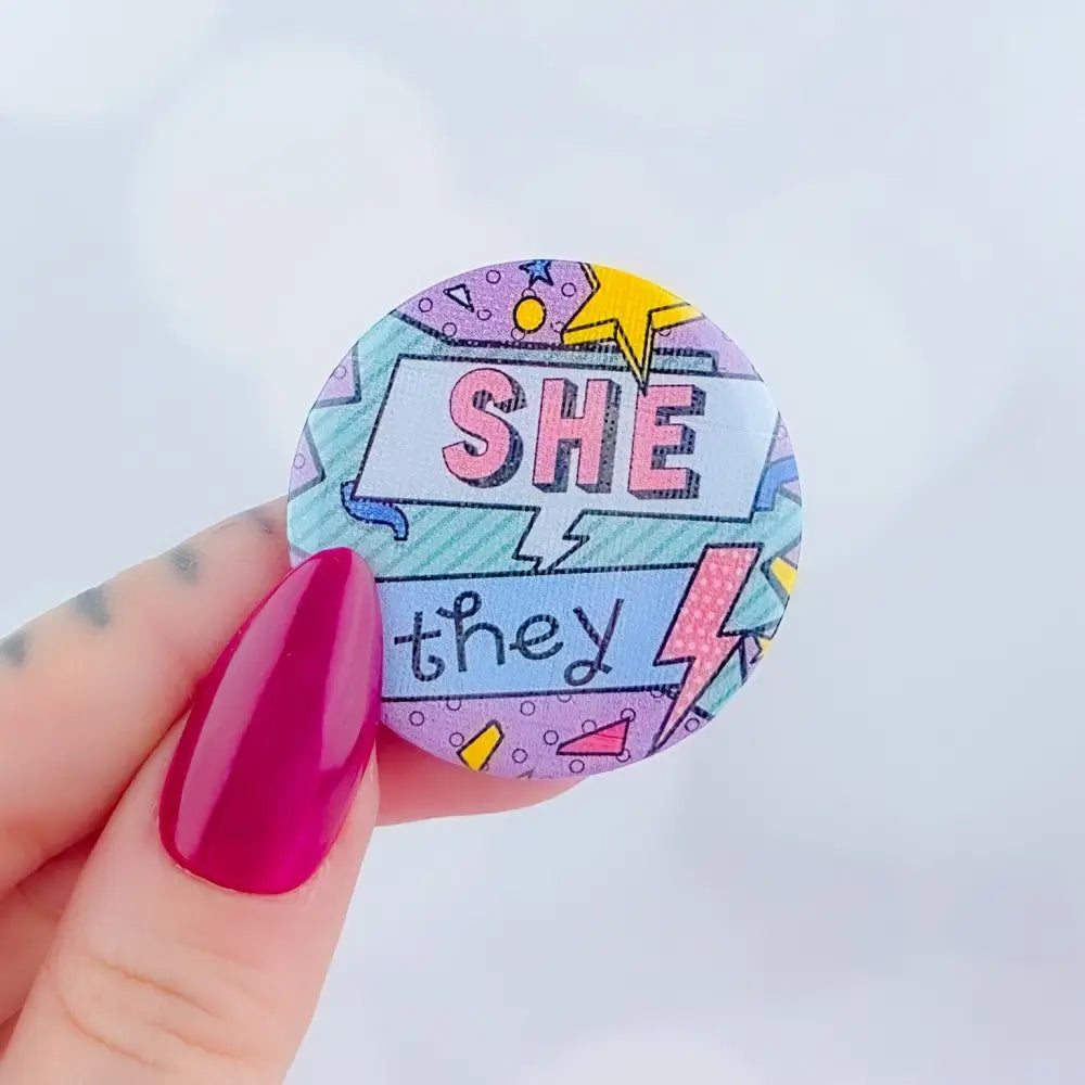 90s Pronouns Button She/they / Small (1.5’’) Pins and Magnets