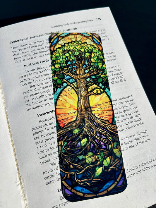 Tree of Life Bookmark – Vibrant Stained Glass Nature Scene with Roots & Sunburst, Spiritual Nature Lover Gift Bookmark for Readers