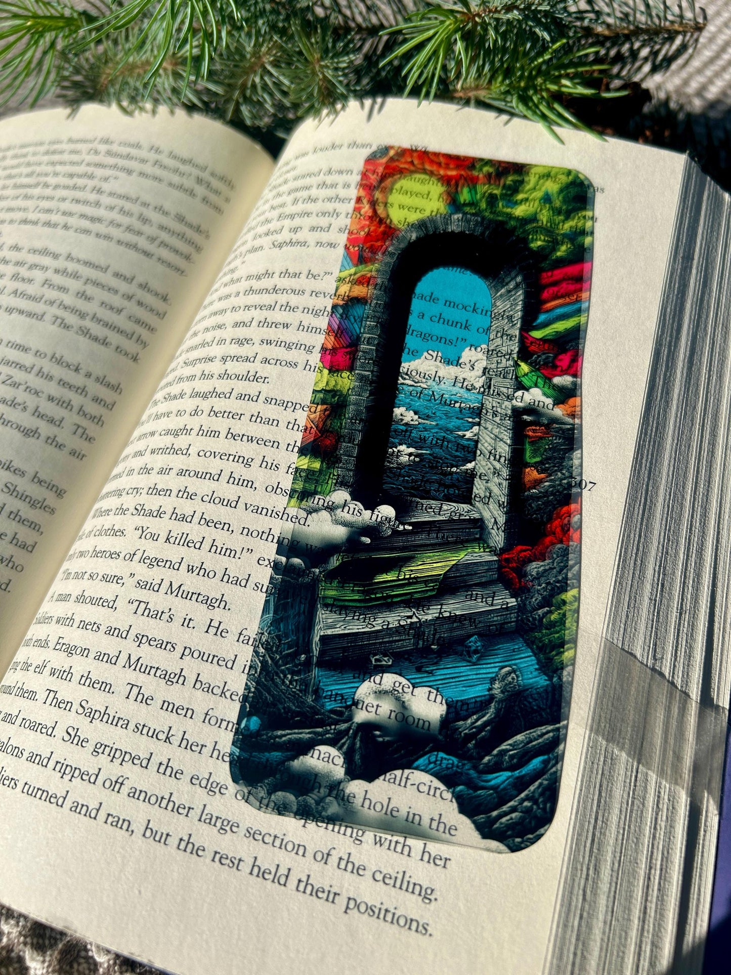 Fantasy Arch Window Transparent Bookmark for Book Lovers – Vibrant Double-Sided Book Art with Nature Landscape & Ocean View Scene
