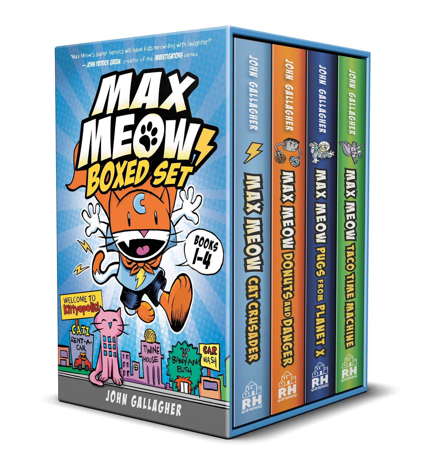 Max Meow Boxed Set: Welcome to Kittyopolis (Books 1-4) - Max Meow 1: Cat Crusader; Max Meow 2: Donuts and Danger; Max Meow 3: Pugs from Planet X; Max Meow 4: Taco Time Machine (A Graphic Novel Boxed Set) (Max Meow)