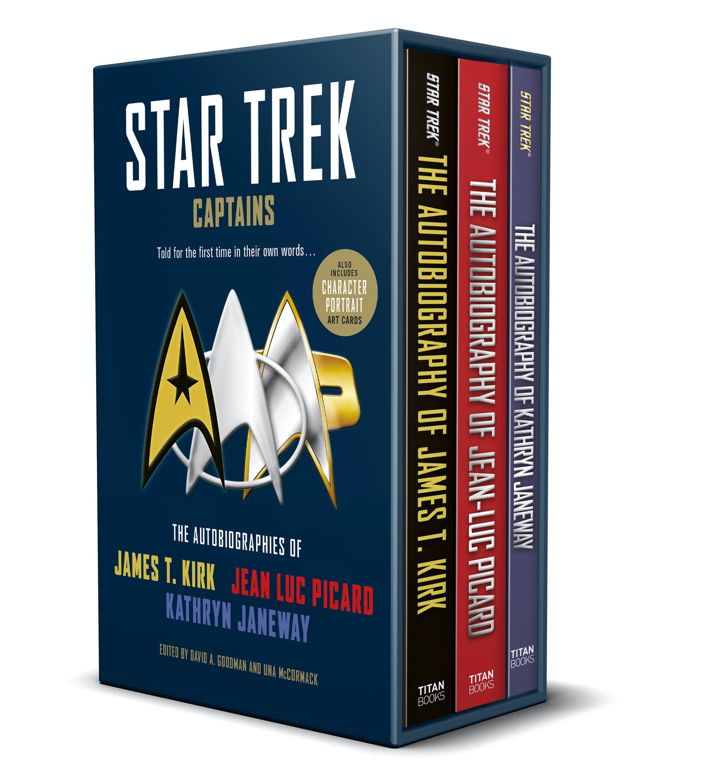 Star Trek Captains - The Autobiographies - Boxed set with slipcase and character portrait art of Kirk, Picard and Janeway autobiographies